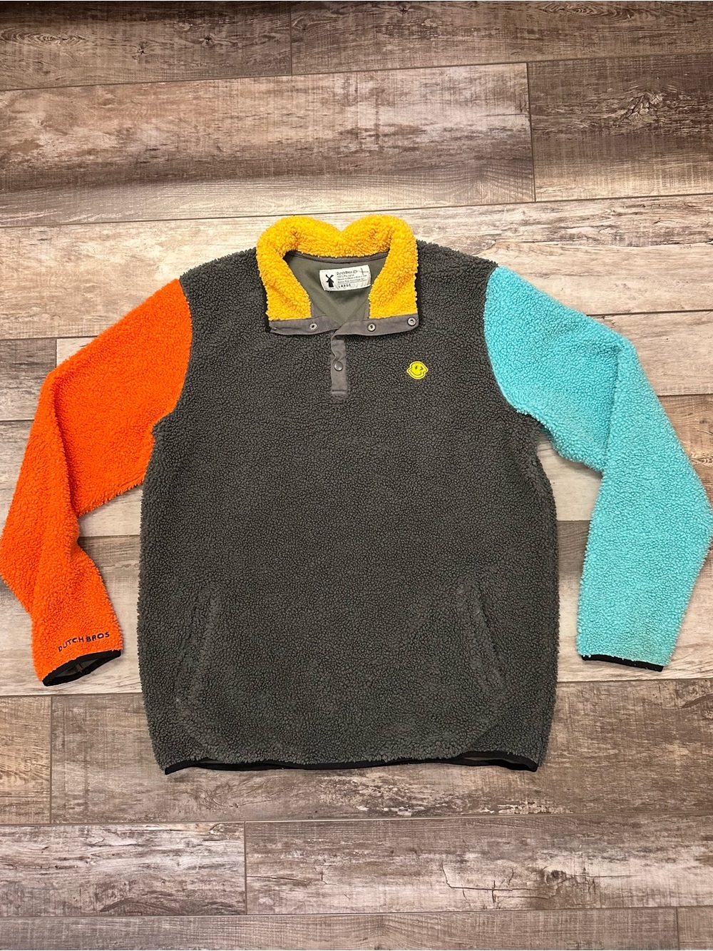 Dutch Bros Colorblock Sherpa Pullover Sweater - Gray with Orange & Teal Accents